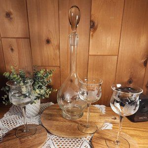 Etched Wine Glasses and Cut Crystal Decanter with Stopper